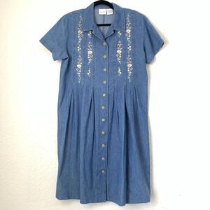 VTG Stonybrook Midi Shirt Dress Women M Petite Denim Floral Embroidered Prairie
